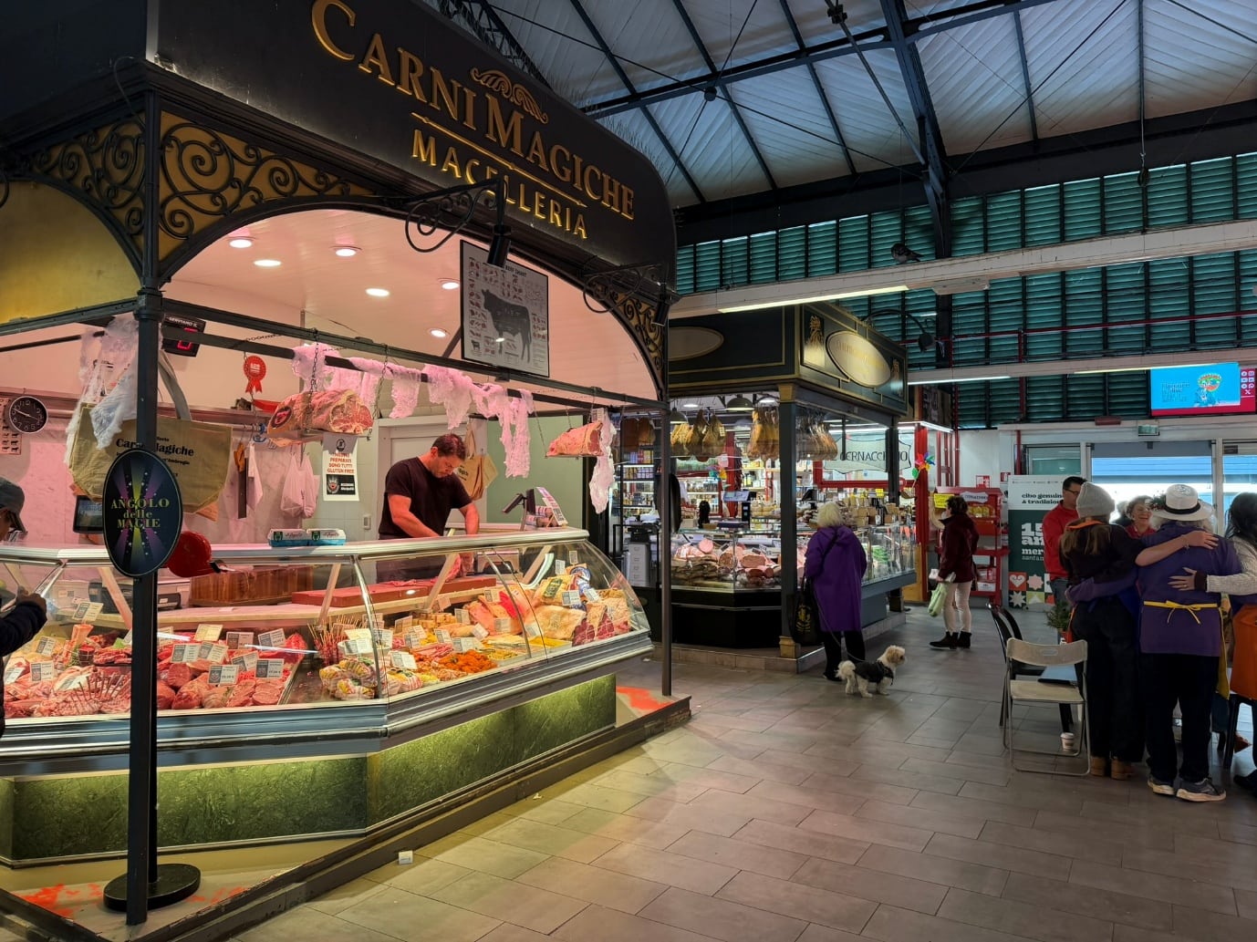 A butcher's counter inside the covered market at Sant'Ambrogio