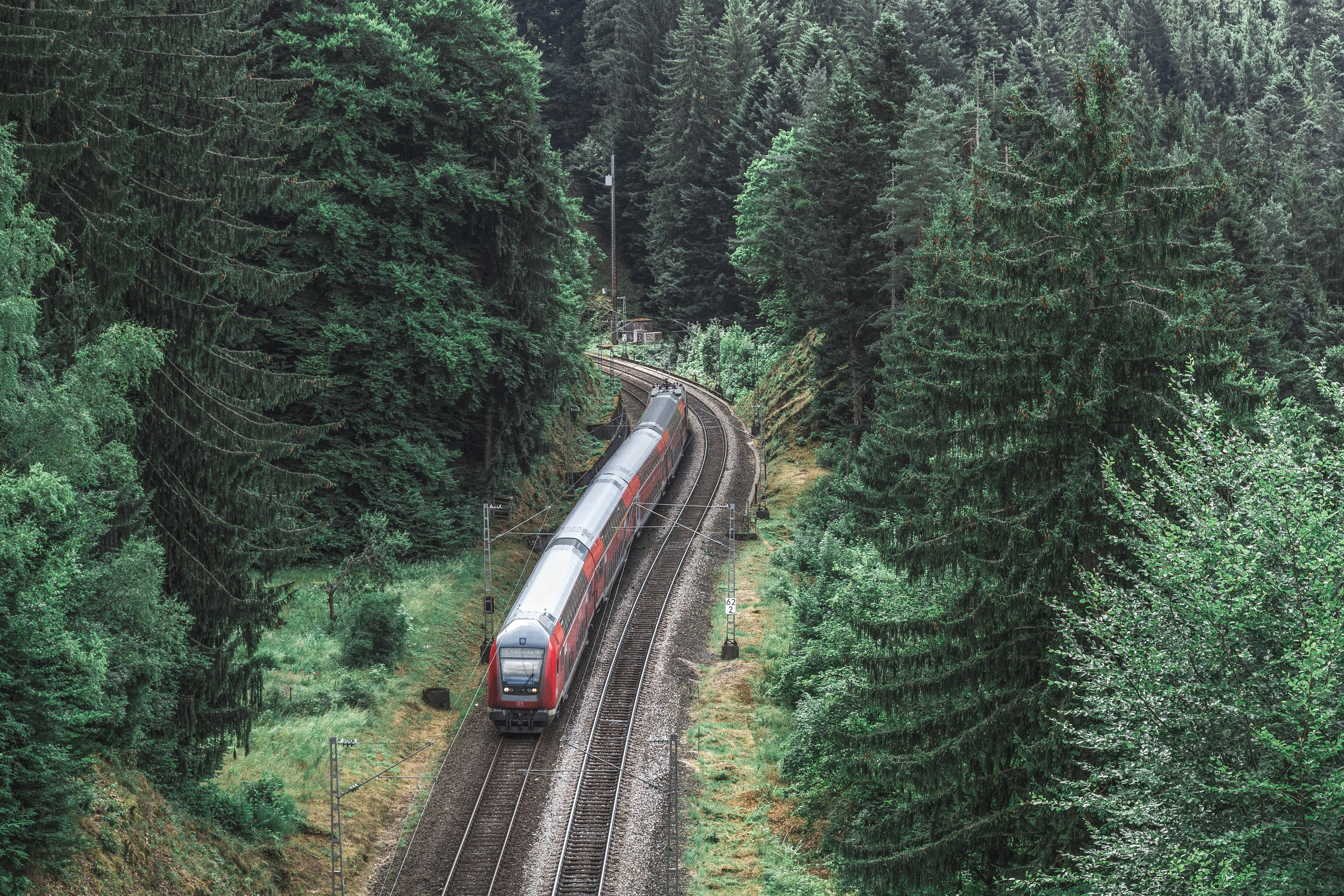 A train travelling through wooded hills near Lake Constance